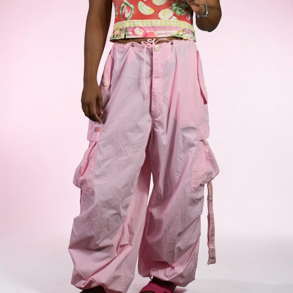UFO Wind Parachute Pants Pink Cotton Cargo Slouchy Baggy Low Rise Strappy Medium